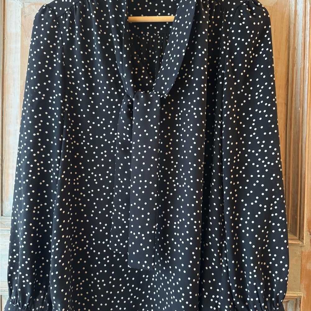 Judith & Charles Elegant Black Polka Dot Blouse with Tie/Bow